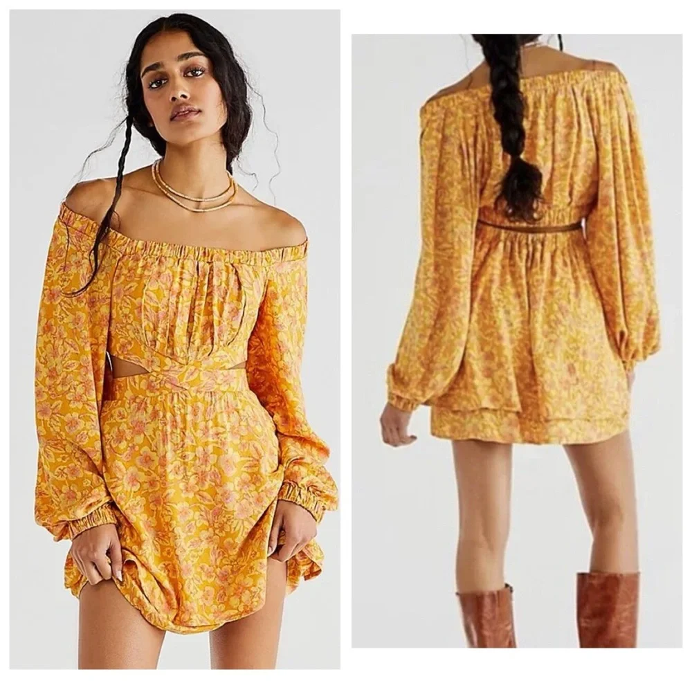 Free People Jael Printed Mini Dress Size  Medium Cut Out sides Yellow Floral